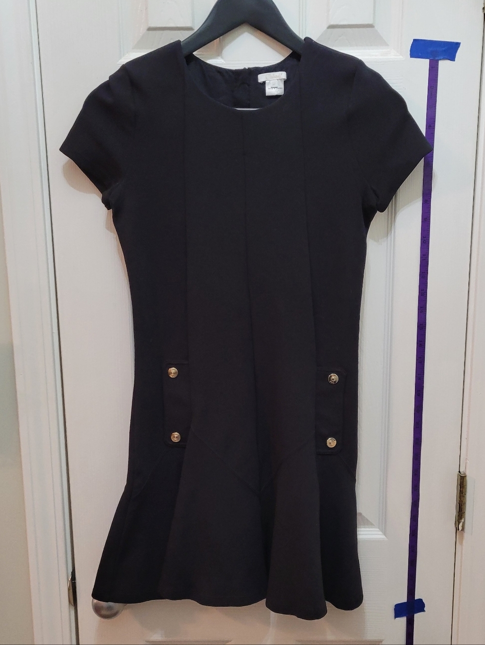Chloe Black Short Sleeve Fit-and-Flare Dress with Gold Buttons